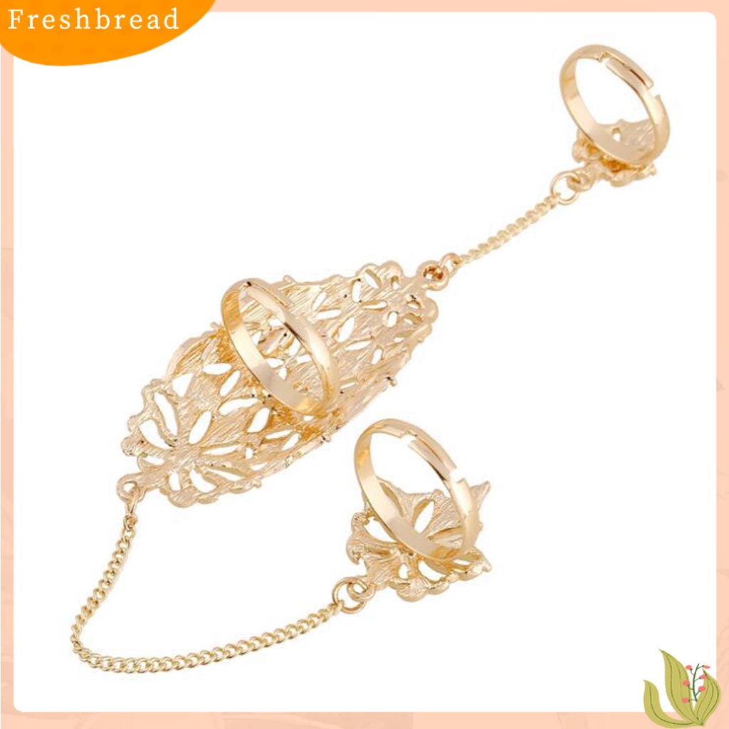 &lt; Freshbread &gt; Opening Ring Berlian Imitasi Tertanam Alloy Warna Emas Berlubang-out Leaf Dual Finger Chain Ring Untuk Pacaran