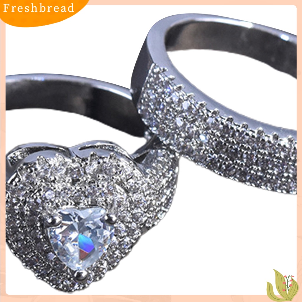 &lt; Freshbread &gt; 2Pcs/Set Cincin Pengantin Berlian Imitasi Mengkilap Mewah Geometris Indah Perhiasan Hadiah Menawan Kekasih Bentuk Hati Janji Cincin Perhiasan Aksesori