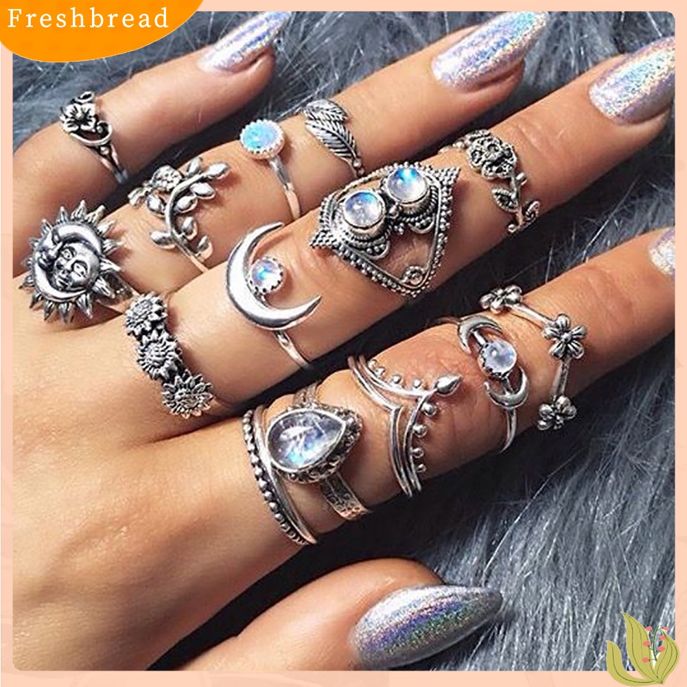 &lt; Freshbread &gt; 14Pcs Vintage Bunga Matahari Bulan Bentuk Wanita Knuckle Band Rings Set Jari Perhiasan