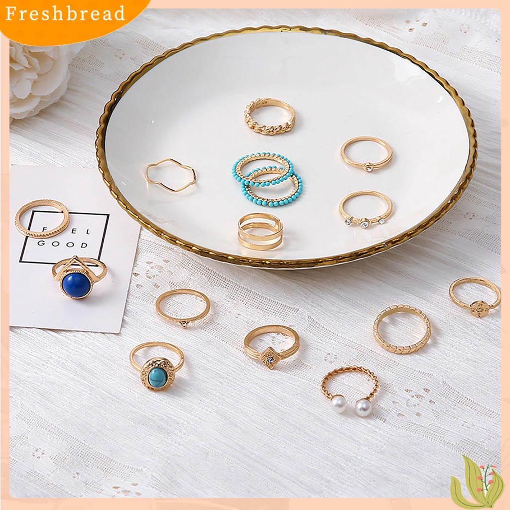 &lt; Freshbread &gt; 15 Pcs Turquoise Faux Pearls Decor Knuckle Rings Wanita Vintage Bersinar Jari Cincin Aksesoris Perhiasan