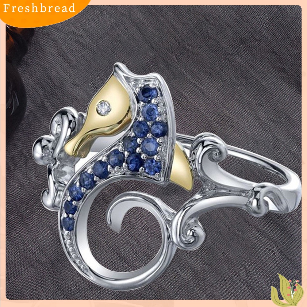 &lt; Freshbread &gt; Fashion Berlian Imitasi Biru Kuda Laut Perak Disepuh Jari Cincin Wanita Perhiasan Hadiah