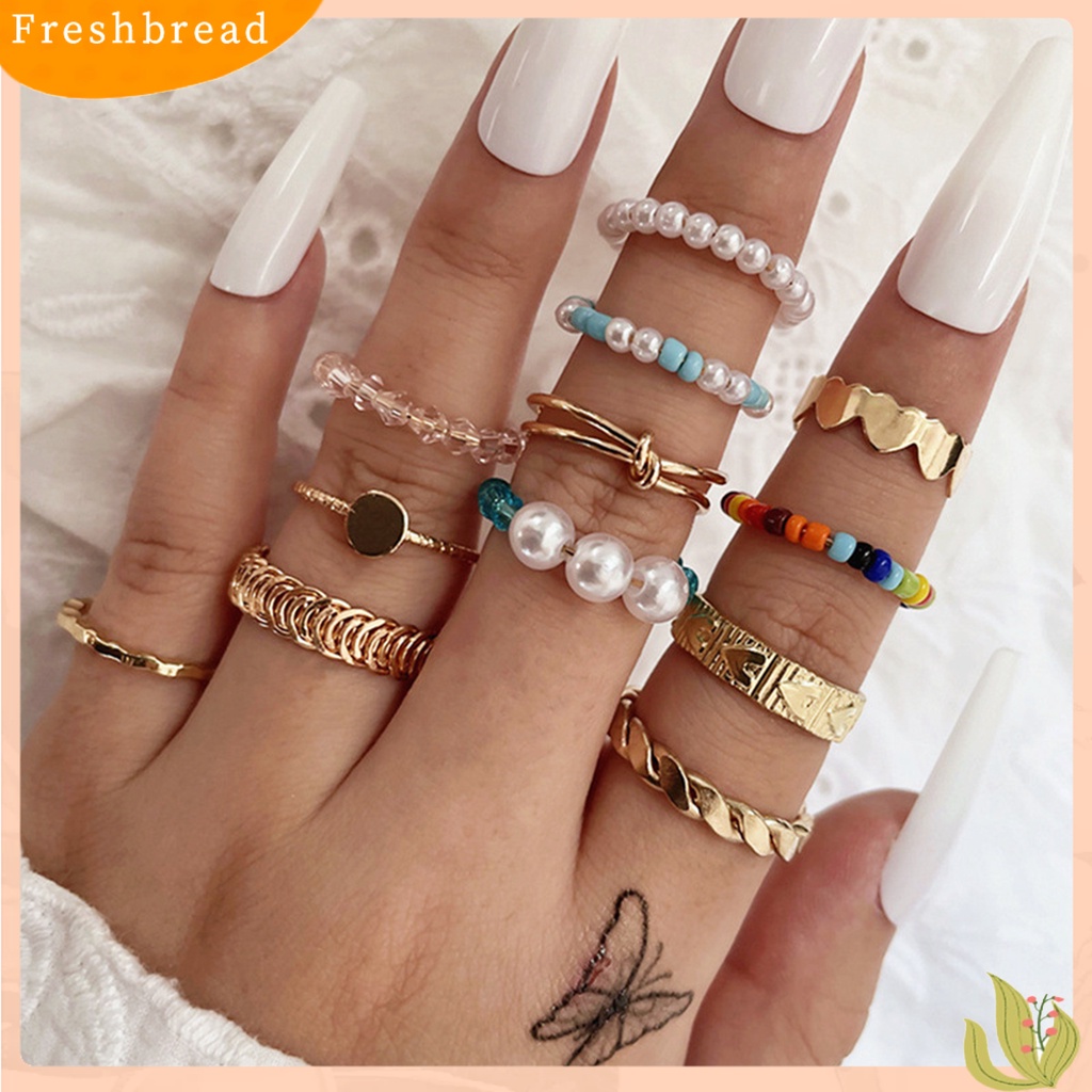 &lt; Freshbread &gt; 12Pcs/Set Mutiara Imitasi Multicolor Beads Knuckle Rings Opening Heart Knot Women Knuckle Rings Perhiasan Aksesoris