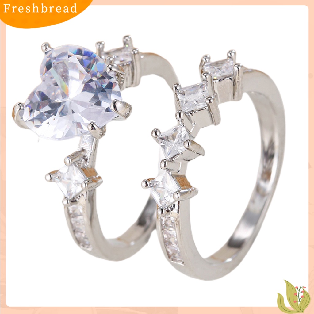 &lt; Freshbread &gt; 2pcs/Set Lady Set Cincin Bentuk Hati Geometris Dipoles Mengkilap Cubic Zirconia Indah Jari Dekorasi Mewah Romantis Cinta Buku Jari Cincin Set Perhiasan