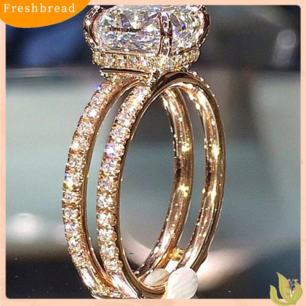 &lt; Freshbread &gt; Wanita Cincin Lapisan Ganda Persegi Berlian Imitasi Perhiasan Fashion Penampilan Indah Jari Cincin Untuk Pernikahan