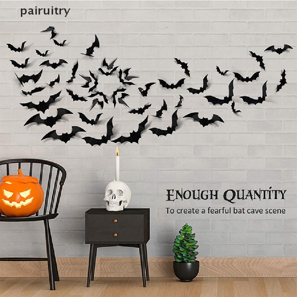 Prt 12PCS Dekorasi Halloween 3D Hitam PVC Kelelawar Halloween Party Decor Props Stiker PRT