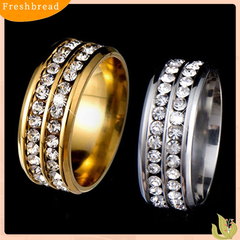 &lt; Freshbread &gt; Cincin Lebar-Lebar Fadeless Titanium Steel Baris Ganda Berlian Imitasi Perhiasan Unisex Untuk Pesta Pernikahan