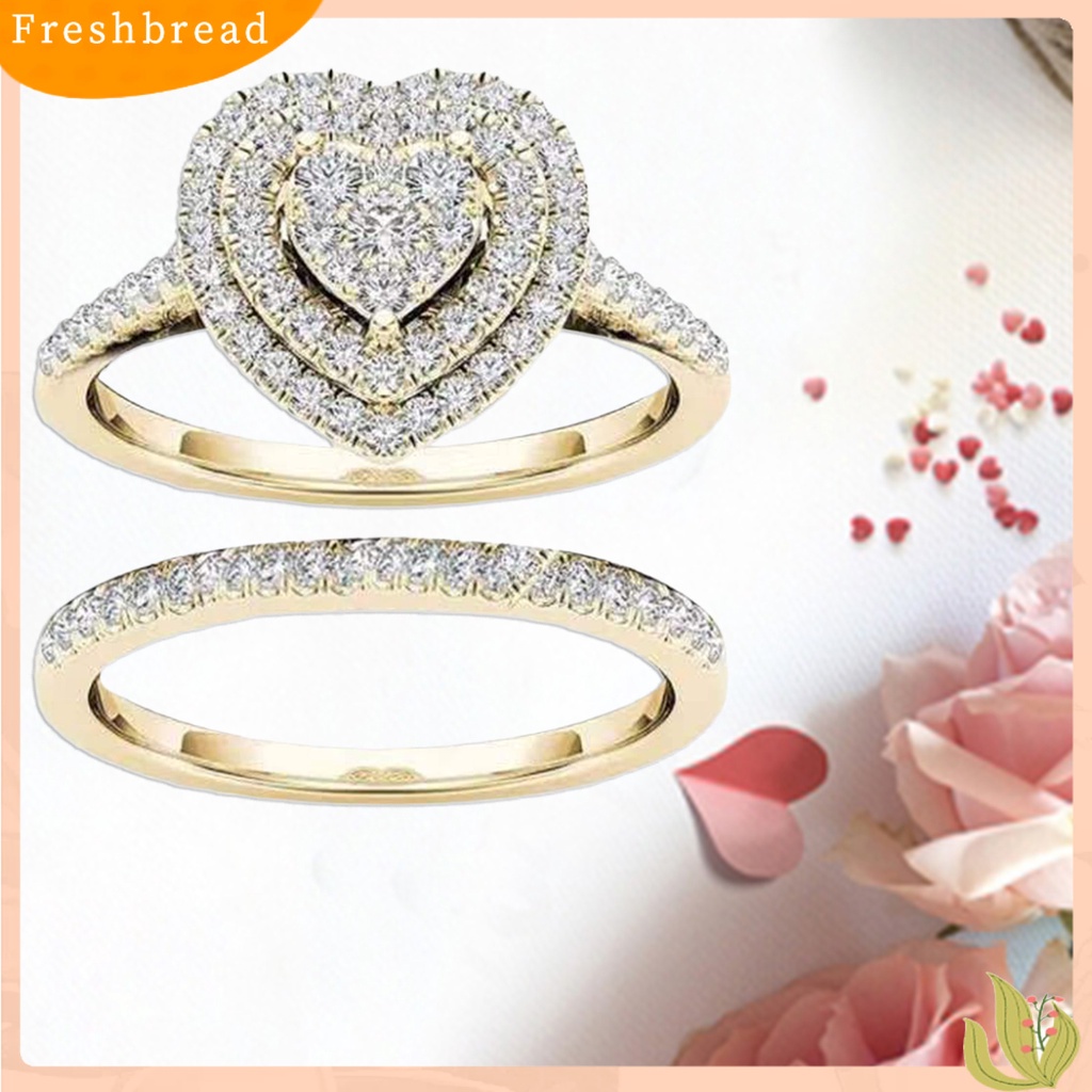 &lt; Freshbread &gt; 2Pcs/Set Cincin Menarik Hias Alloy Halus Bentuk Hati Berlian Imitasi Wanita Bridal Ring Untuk Pernikahan