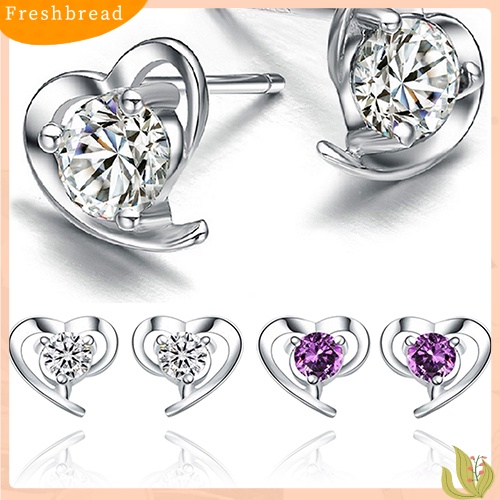 &lt; Freshbread &gt; Fashion Wanita Cinta Hati Cubic Zirconia925 Sterling Silver Ear Studs Earrings