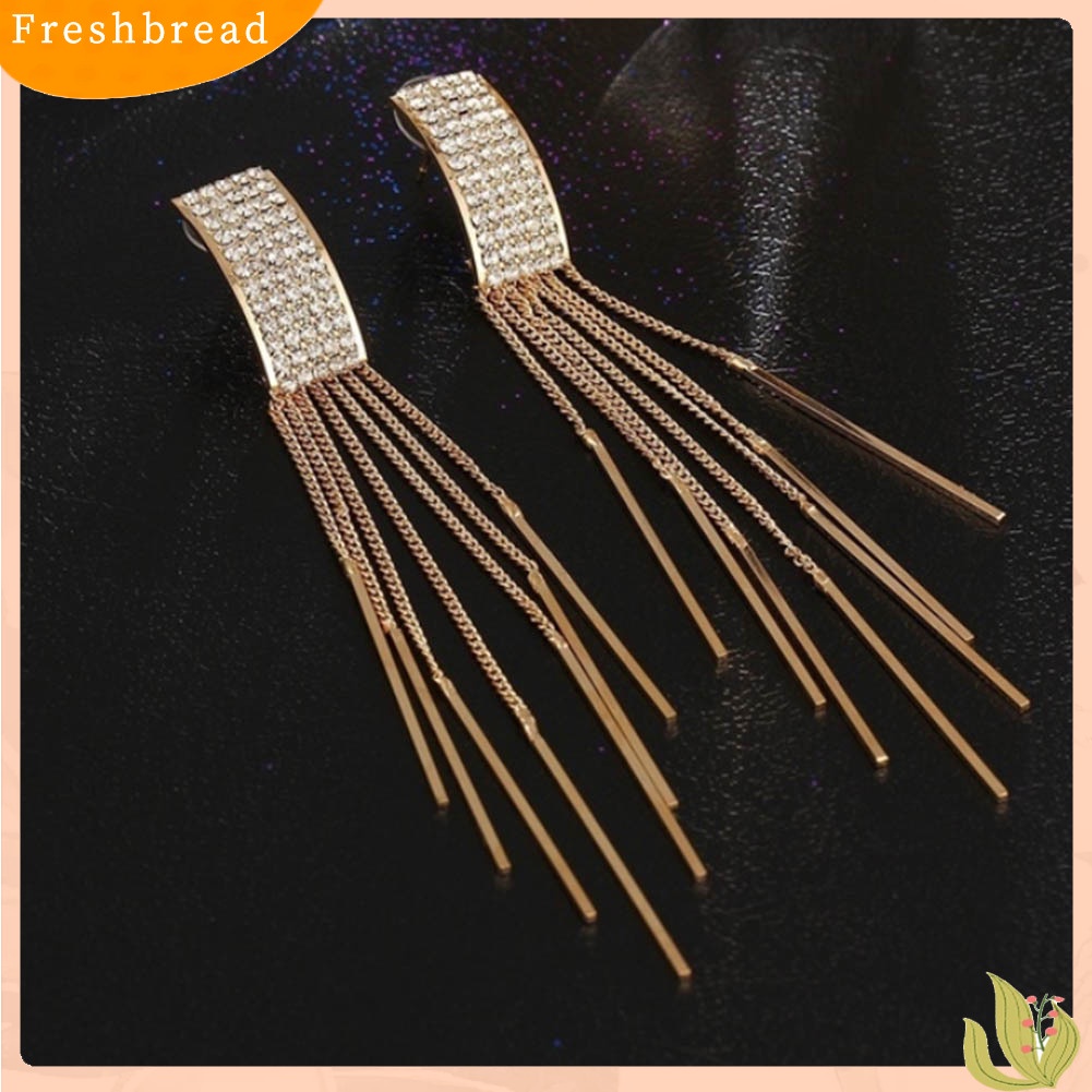 &lt; Freshbread &gt; Wanita Fashion Berlian Imitasi Rumbai Panjang Menjuntai Eardrop Stud Earrings Perhiasan Hadiah