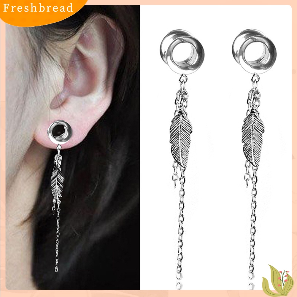 &lt; Freshbread &gt; 1Pc Lady Daun Rantai Rumbai Menjuntai Double Flared Ear Plug Tunnel Piercing Perhiasan