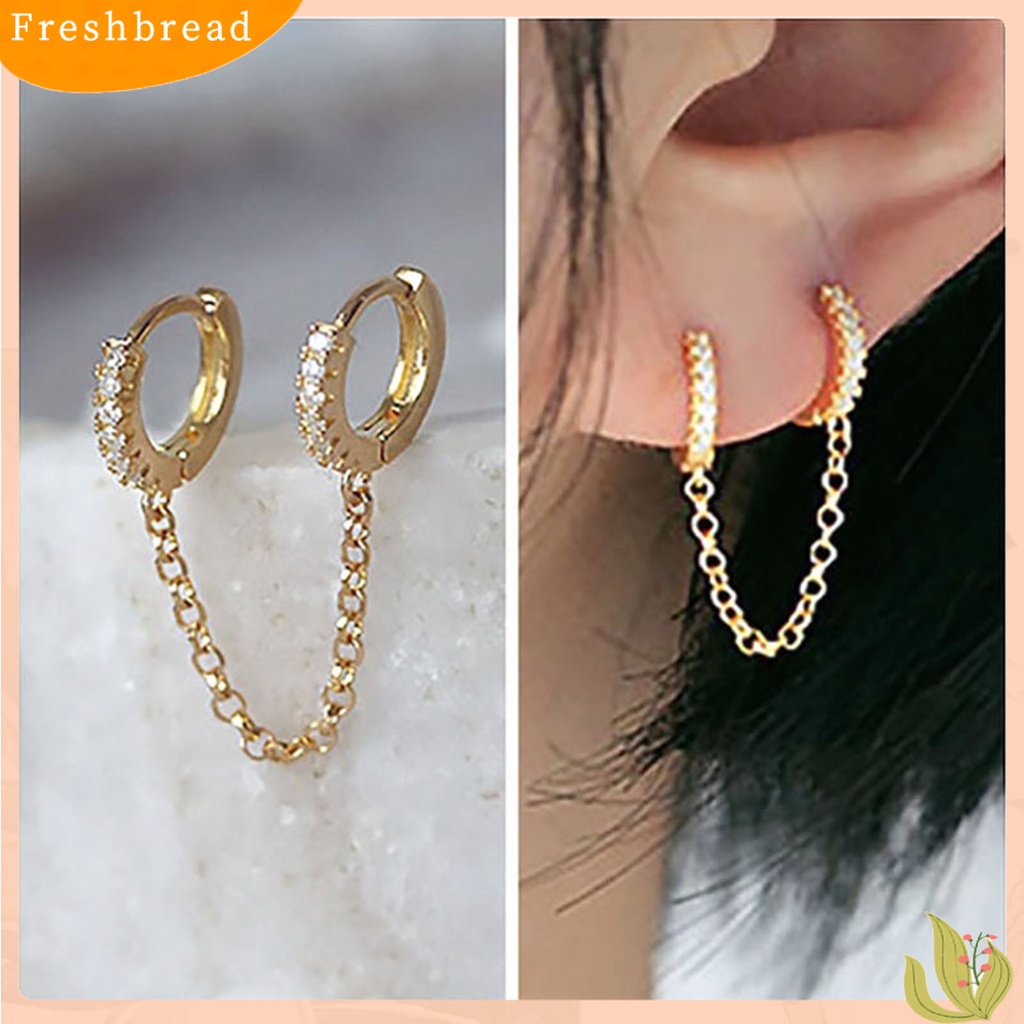 &lt; Freshbread &gt; 1pasang Anting Hoop Rantai Rumbai Cubic Zirconia Wanita Shiny Double Ear Piercing Lingkaran Earrings Perhiasan Aksesoris