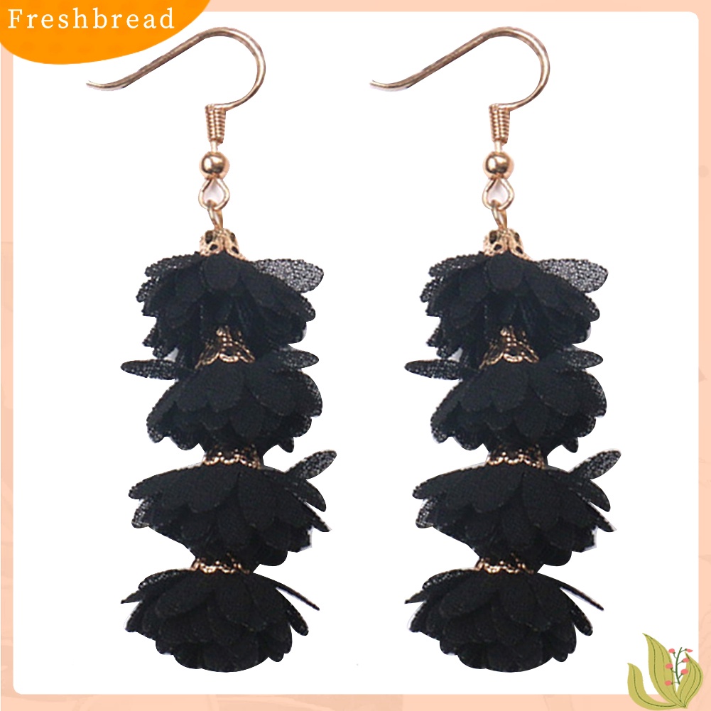 &lt; Freshbread &gt; Boho Pesta Wanita Kain Bunga Rumbai Panjang Menjuntai Drop Hook Anting Perhiasan