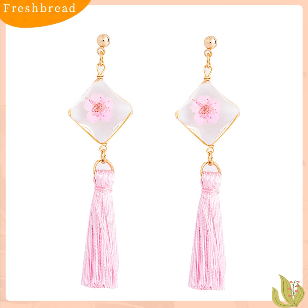 &lt; Freshbread &gt; Ethnic Square Daffodil Panjang Rumbai Menjuntai Ear Stud Earrings Wanita Perhiasan Hadiah