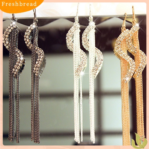 &lt; Freshbread &gt; Fashion Wanita Bentuk S Jumbai Panjang Berlian Imitasi Kait Menjuntai Anting Linear