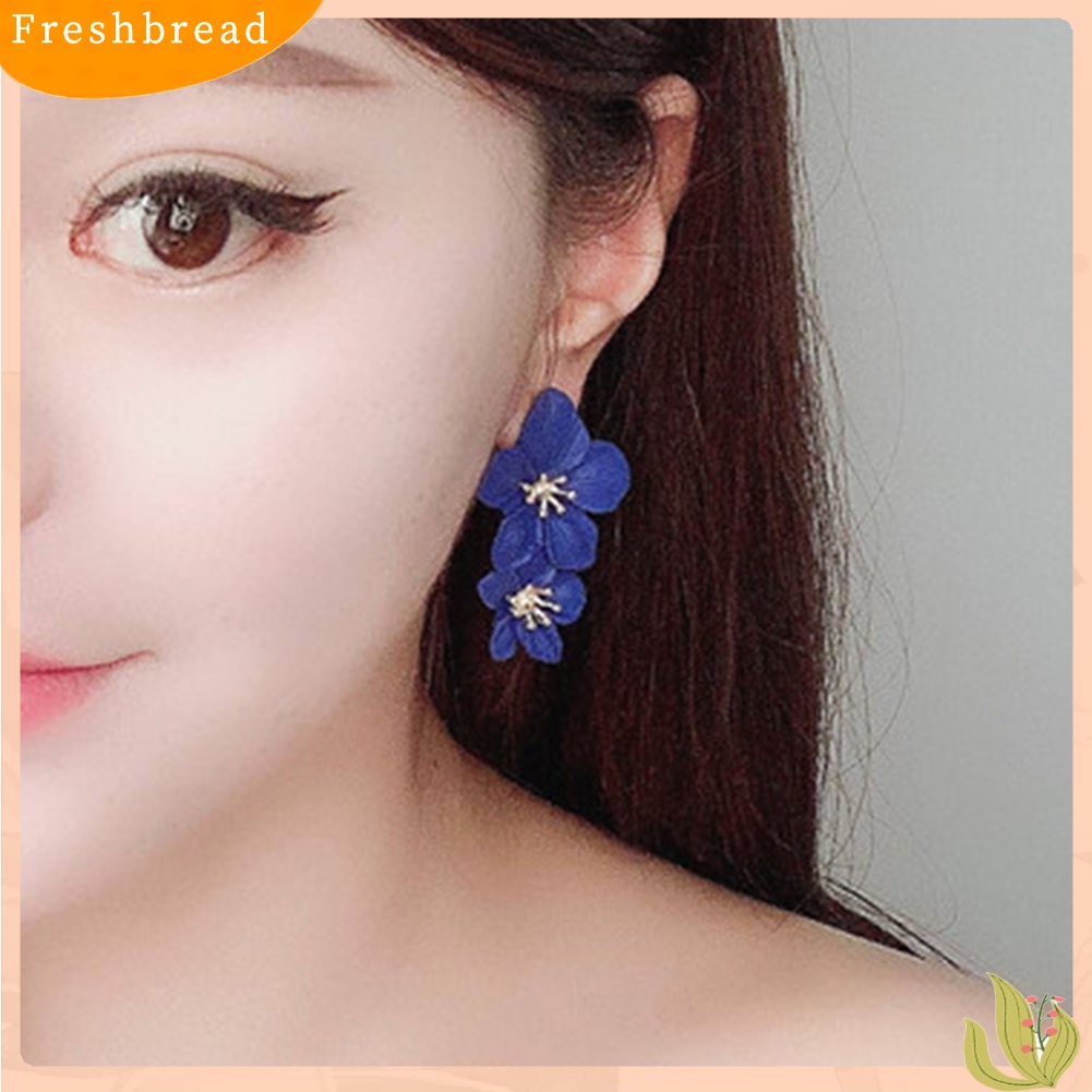 < Freshbread > Wanita Manis Warna Solid Dual Bunga Panjang Menjuntai Stud Earrings Perhiasan Pesta