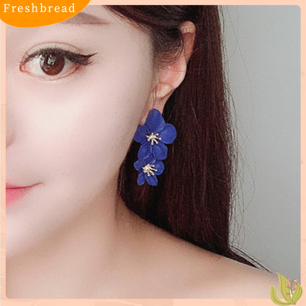 &lt; Freshbread &gt; Wanita Manis Warna Solid Dual Bunga Panjang Menjuntai Stud Earrings Perhiasan Pesta