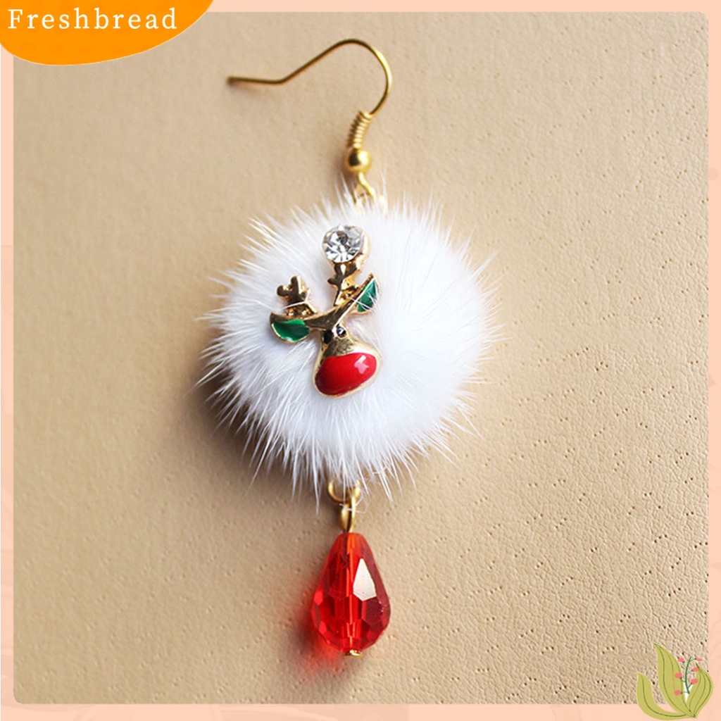 &lt; Freshbread &gt; 1pasang Putih Mewah Bola Merah Berlian Imitasi Xmas Anting Alloy Santa Claus Elk Pendant Hook Earrings Perhiasan Fashion