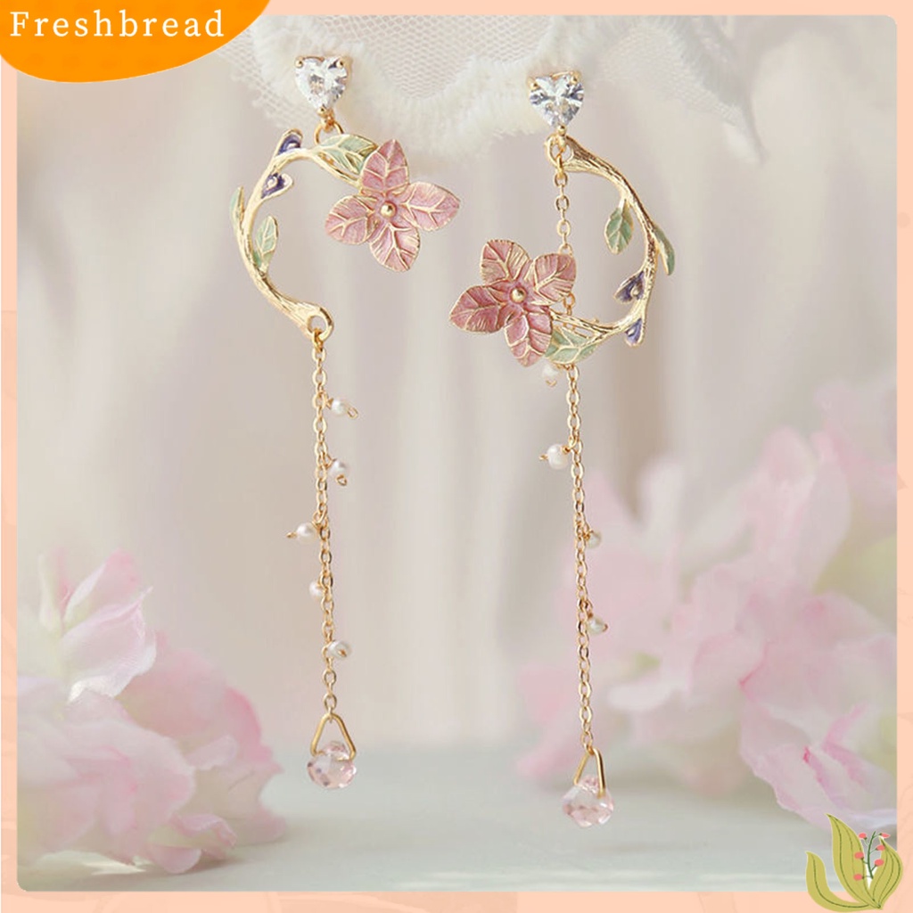 &lt; Freshbread &gt; 1pasang Drop Earrings Cherry Rhinestones Perhiasan Rumbai Panjang Bunga Menjuntai Anting Hadiah Ulang Tahun