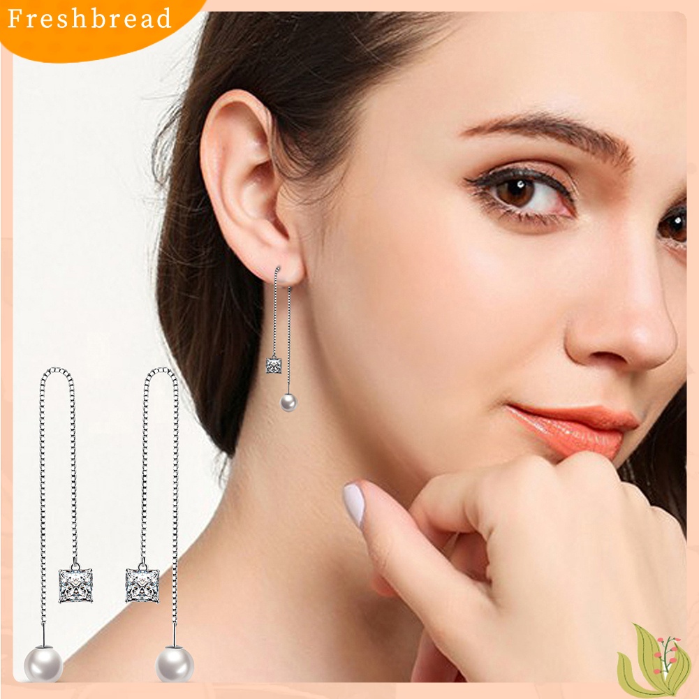 < Freshbread > Wanita Perak Berlapis Tipis Rantai String Menjuntai Garis Panjang Liner Threader Earrings