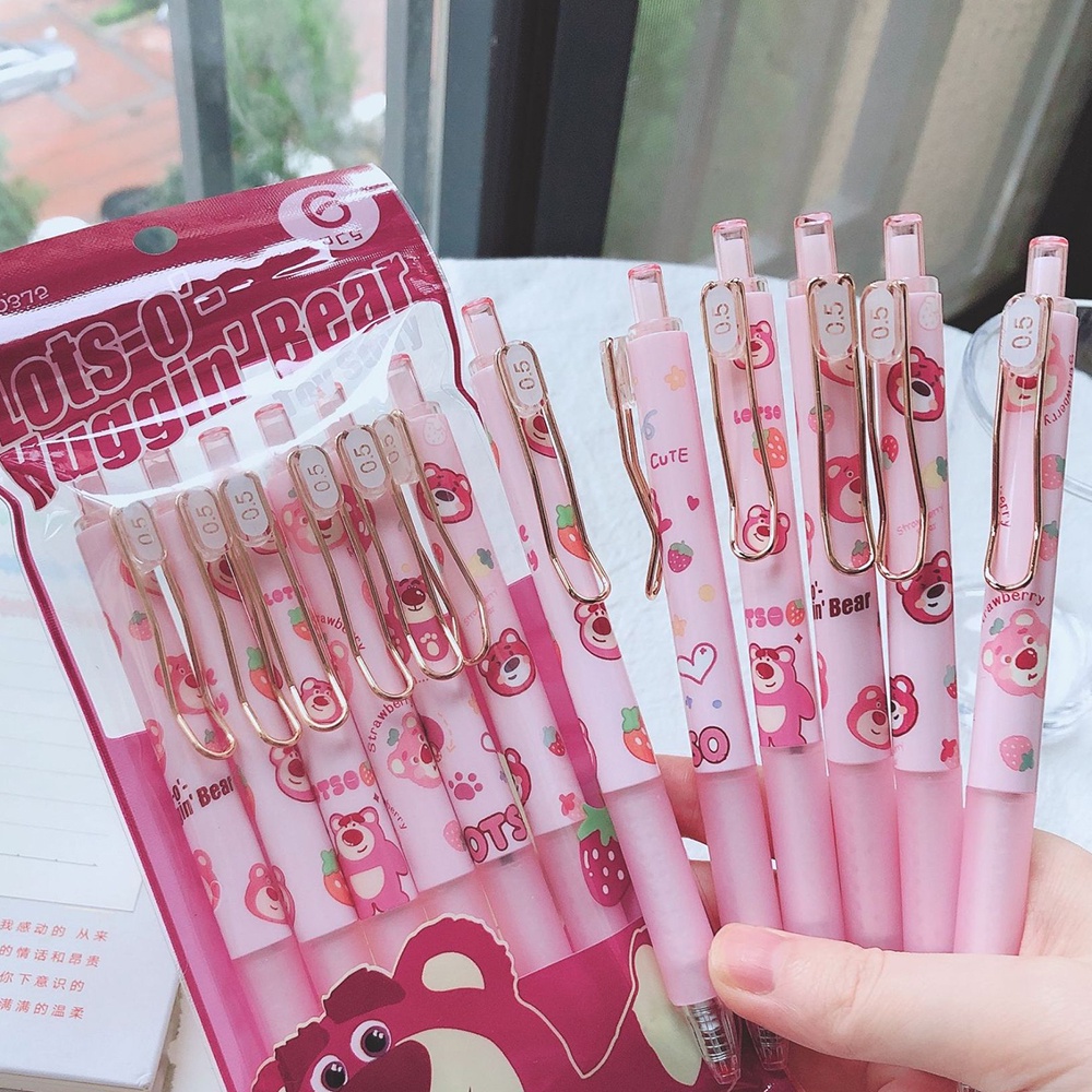 6pcs Pulpen Pink Strawberry Bear Manyo Press Gel Untuk Pelajar Sekolah Signature Pen Stationery 0.5mm