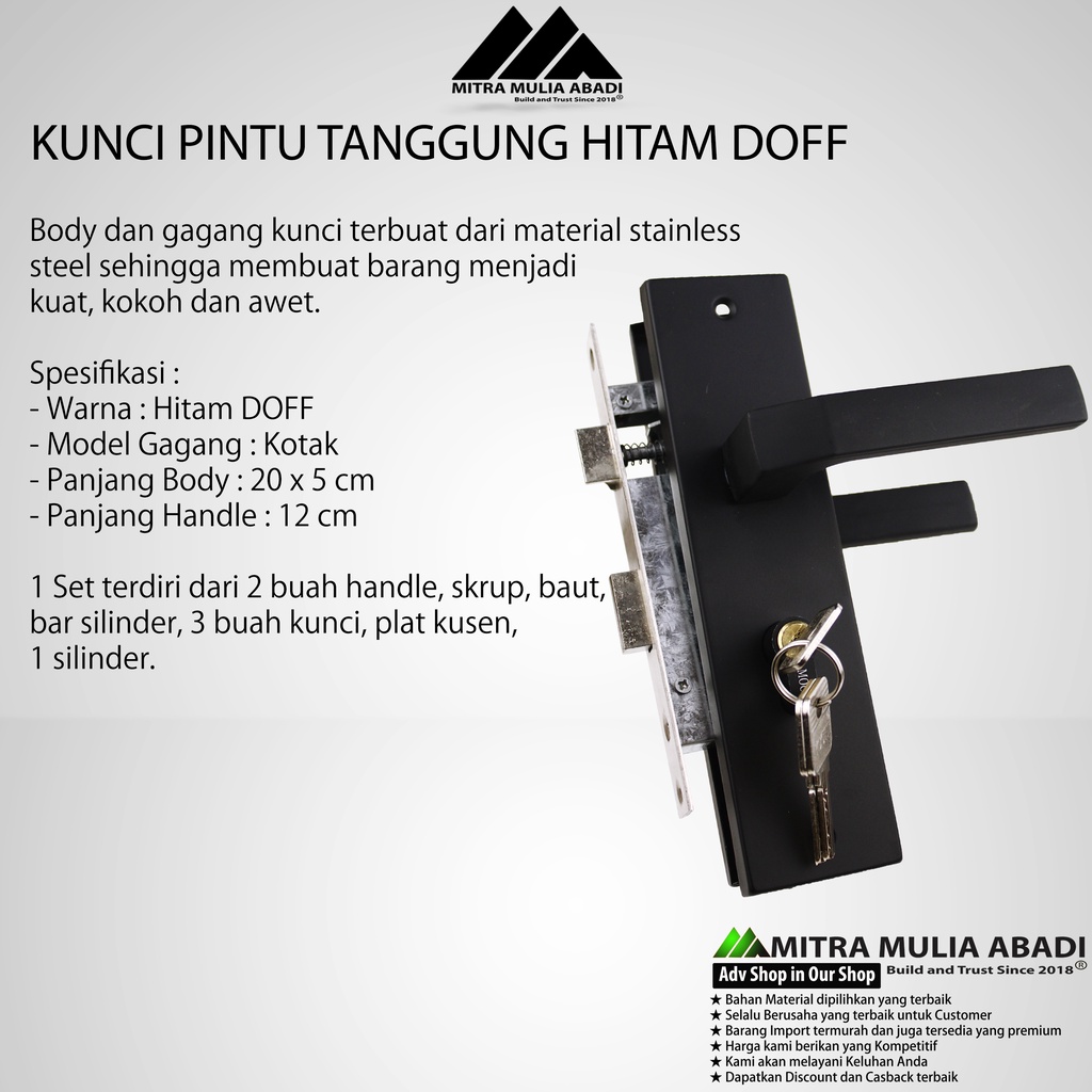 KUNCI PINTU TANGGUNG 20 cm | HITAM DOFF | Fullset