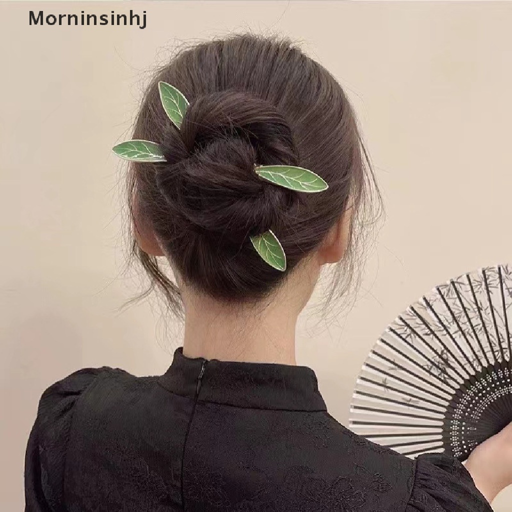 Mornin Jepit Rambut Retro Daun Enamel Hijau Gaya Kuno Minimalis Untuk Wanita id