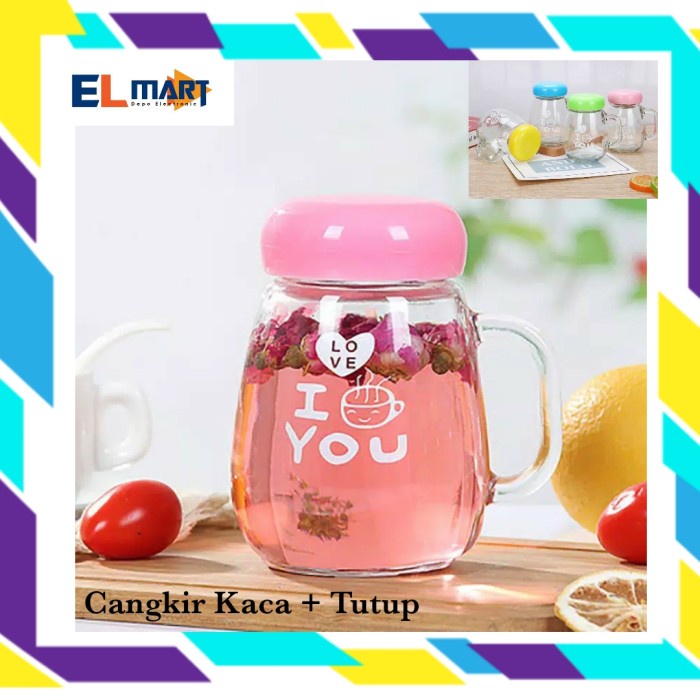 Gelas Minum Kaca Tutup Mug Love Cangkir Kaca 450ml Warna Warni CK9