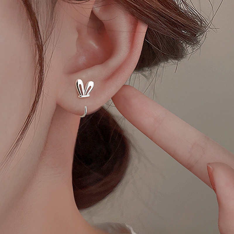 S925 Perak Anting Telinga Kelinci Sederhana Stud Earrings Mini Rabbit Ear Hook Aksesoris Hadiah