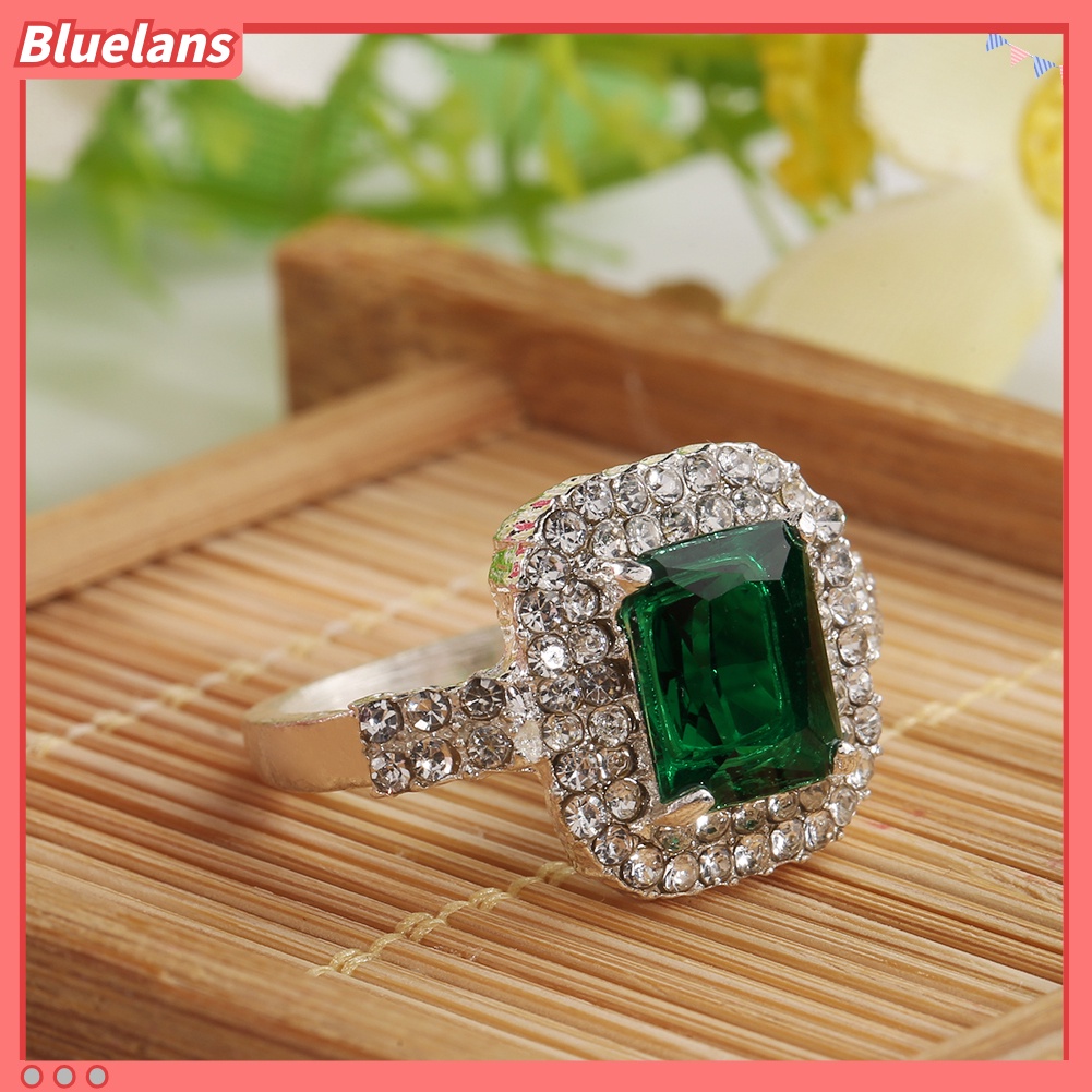 {In Stock} Wanita Zirkon Hijau Perak Disepuh Cincin Fashion Pernikahan Bague Perhiasan Hadiah