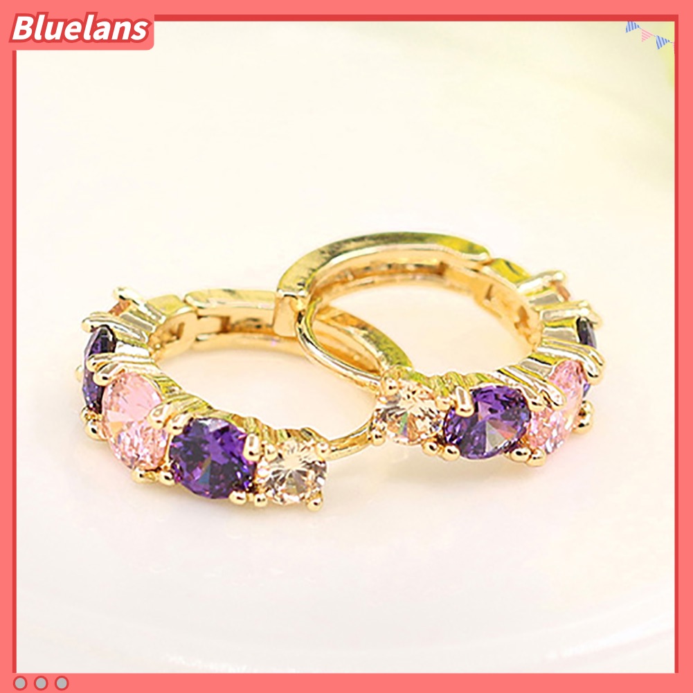 {In Stock} Wanita Fashion Berlapis Emas 9K Ungu Zirkon Eardrop Huggie Anting Perhiasan Hadiah