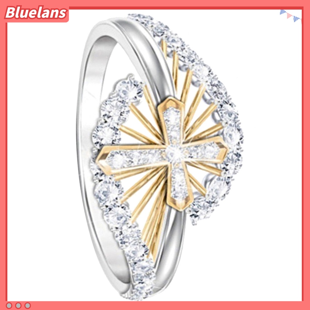 {In Stock} Wanita Dual Tone Berlian Imitasi Bertatahkan Cincin Jari Silang Perhiasan Pertunangan Pernikahan