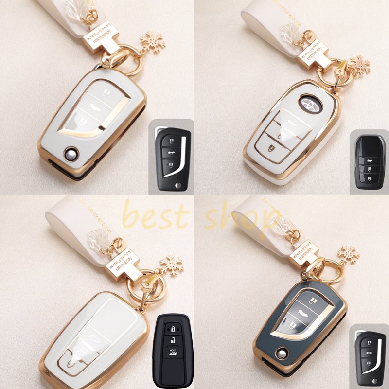 Tpu Desain Tepi Emas Toyota Fortuner Innova Key Cover Remote Mobil Fob Key Case Holder Shell Gantungan Kunci Untuk Toyota Yaris Hilux Vellfire Altis Auris Innova