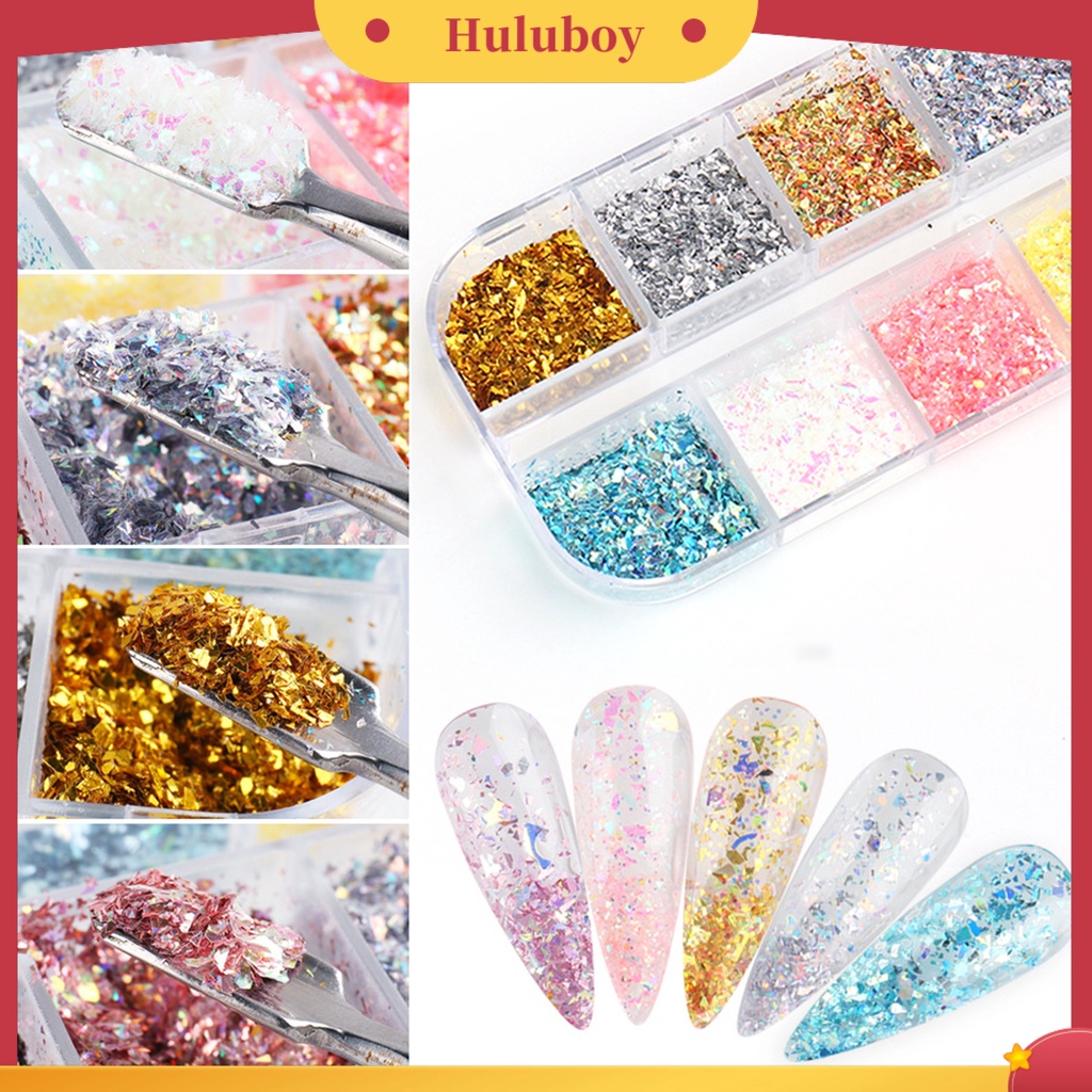 {In Stock} 12kisi/kotak Kuku Foil Efek Musim Panas Tidak Teratur Halus Emas Perak DIY Manicure Flakes Untuk Kecantikan