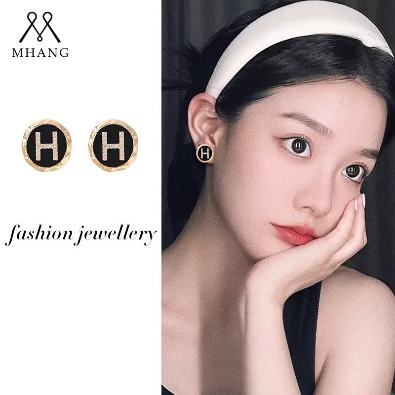 Korea Vintage H Huruf Anting Temperamen Fashion Lingkaran Emas Anting Wanita2023Baru S925 Perak Jarum Anting