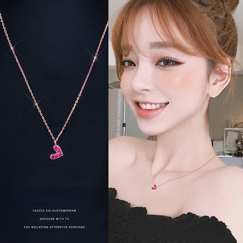 Goldkingdom Fashion Perhiasan Aksesoris Ready Stock Perak Disepuh Merah Cinta Kalung Wanita Korea Sederhana Peach Hati Liontin Rose Gold Disepuh Cewek Kerah Rantai
