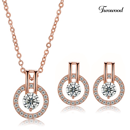 Twowood Women's Zircon Round Pendent Choker Rantai Kalung Anting Set Perhiasan Pernikahan