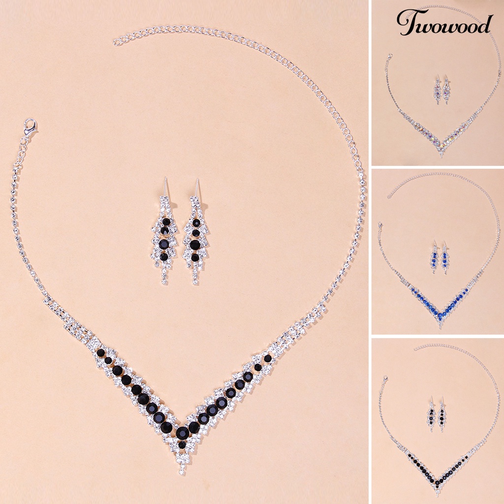 Twowood 1set Kalung Pengantin Elegan Dainty Temperamen Mulia Berkilau Berwarna Berlian Imitasi Menjuntai Anting Kit Pernikahan Perhiasan