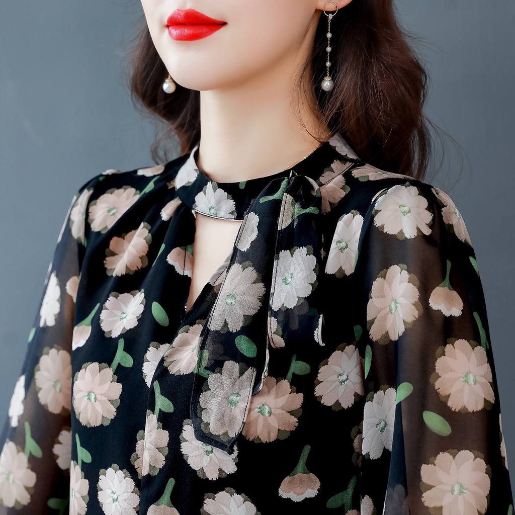 Fashion Kain Sifon Berkualitas Tinggi Gaya Korea Blus Lengan Panjang Hitam Atasan Kasual Blus OL Bunga Korean Style Casual Black Long Sleeve Chiffon Blouse