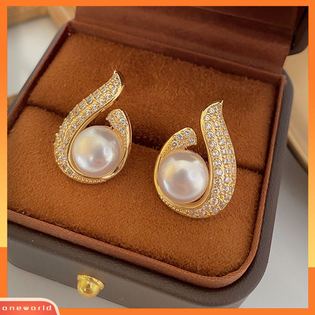 [OWR] 1pasang Ear Studs Electroplating Geometris Bentuk Tetesan Air Cahaya Mewah Eye-catching Dekorasi Tidak Mudah Karat Mutiara Imitasi Dan Berlian Imitasi Anting Perhiasan Aksesori