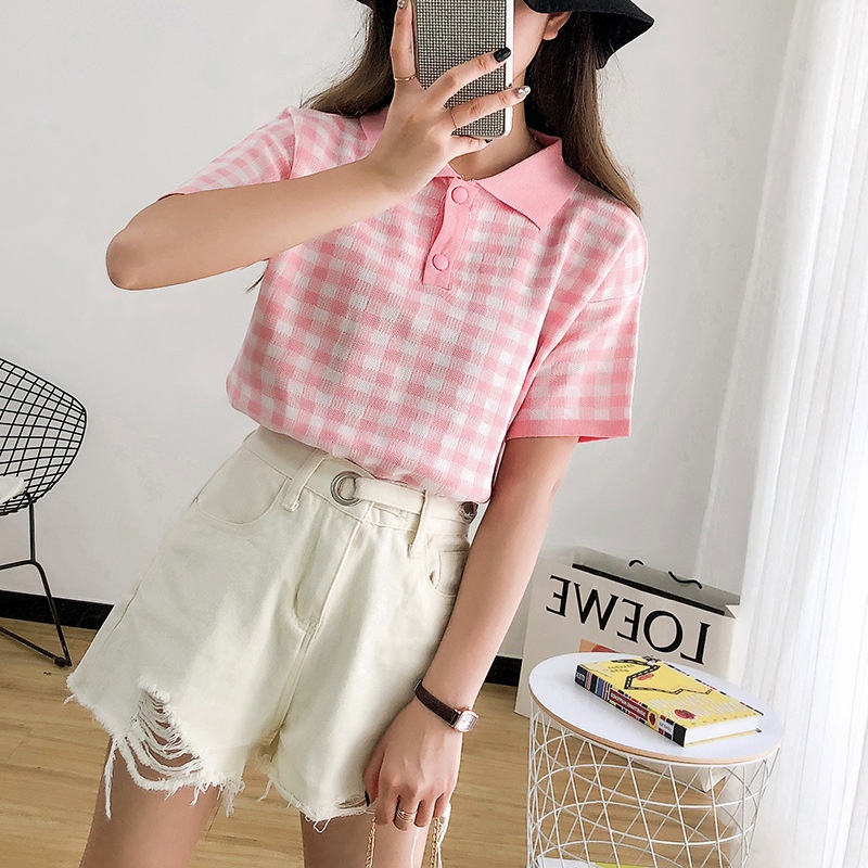 TOPGROSI TG1689 Atasan Knit Kotak Kotak Berkerah Import Crop Top Wanita Lengan Pendek Rajut Nyaman