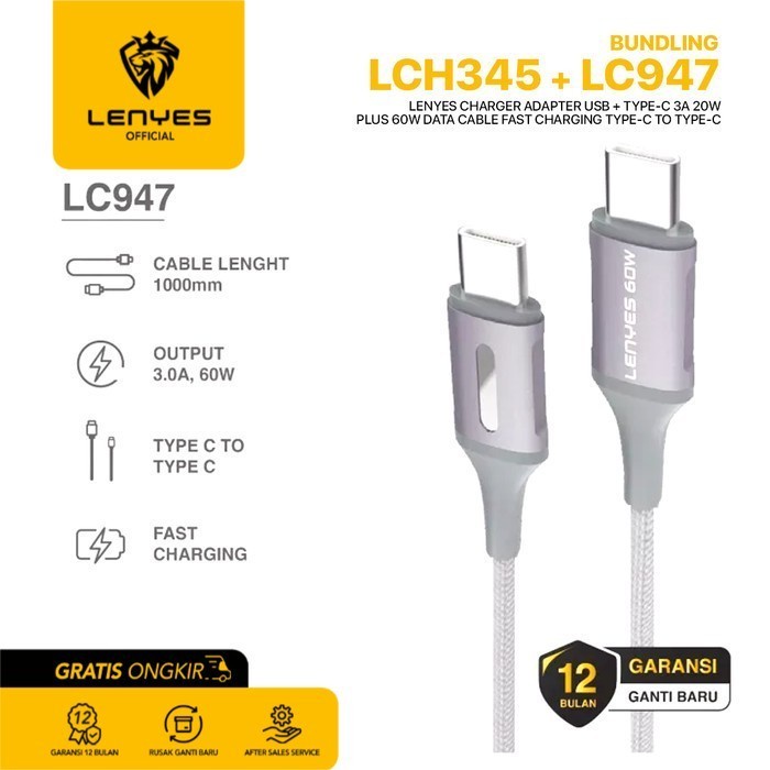 Lenyes LCH344 + LC947 Charger Handphone + Data Cable Paket Bundle original kabel cable casan travel charger tc android usb charger micro usb type c batok kepala charger