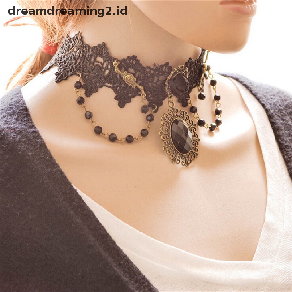 (hot) Fashion Lolita Gothic Hitam Bunga Mawar Renda Choker Kerah Kalung Beads Chain//