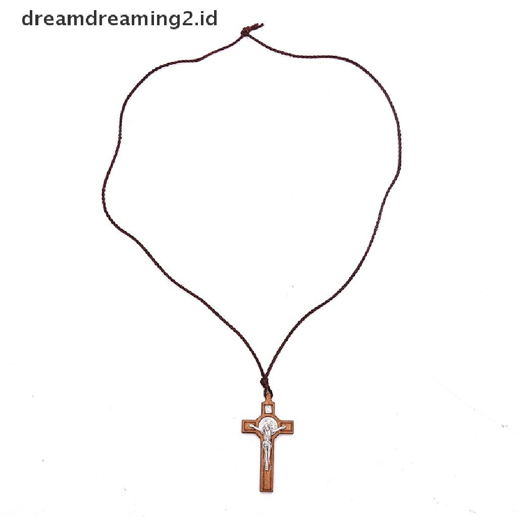 (hot) Retro Kalung Salib Yesus Kayu Liontin Logam Perhiasan Pesona Kalung Hadiah//