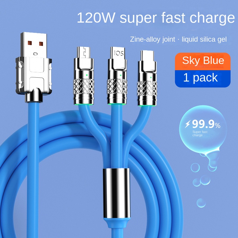 3in1 Kabel Pengisian Cepat 6A 120W Metal Liquid Silicone Type-C Kabel Charger Data Micro-USB Garis 1.2M Untuk iPhone Android
