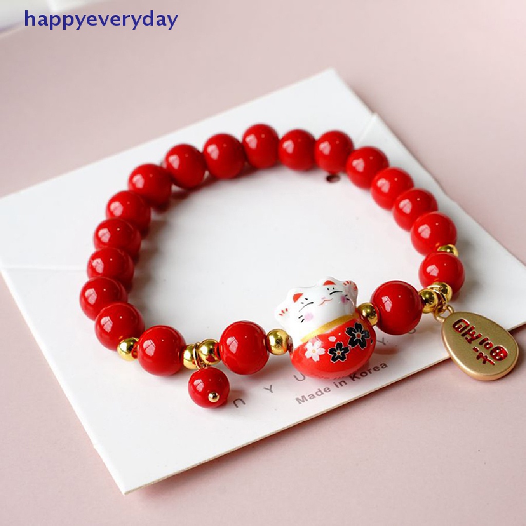 [happy] Red Beads Ceramic Bracelet Gelang Tangan Anyaman Tali Manik Plutus Cat Stretch [ID]