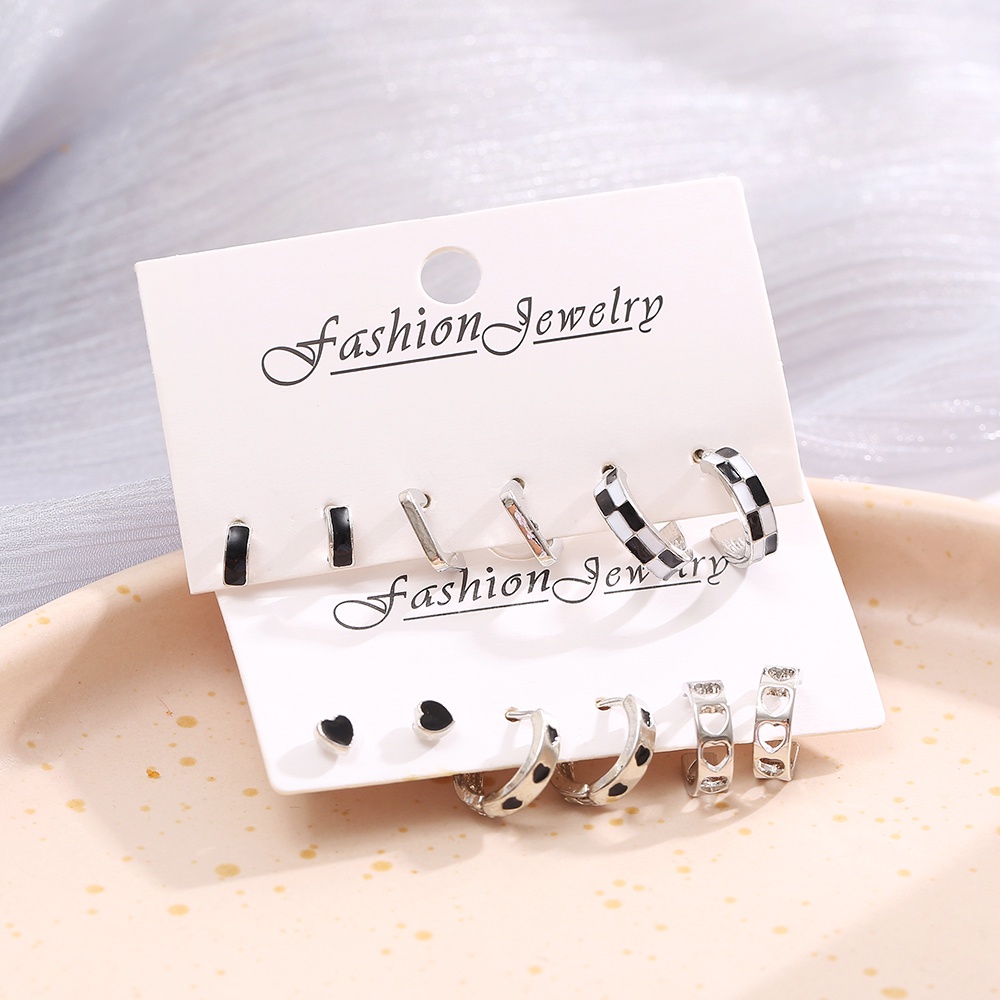 Ifyou Anting Hoop Minyak Drop Sederhana Hitam Putih Checkerboard Heart Stud Earrings Untuk Perhiasan Aksesoris Wanita