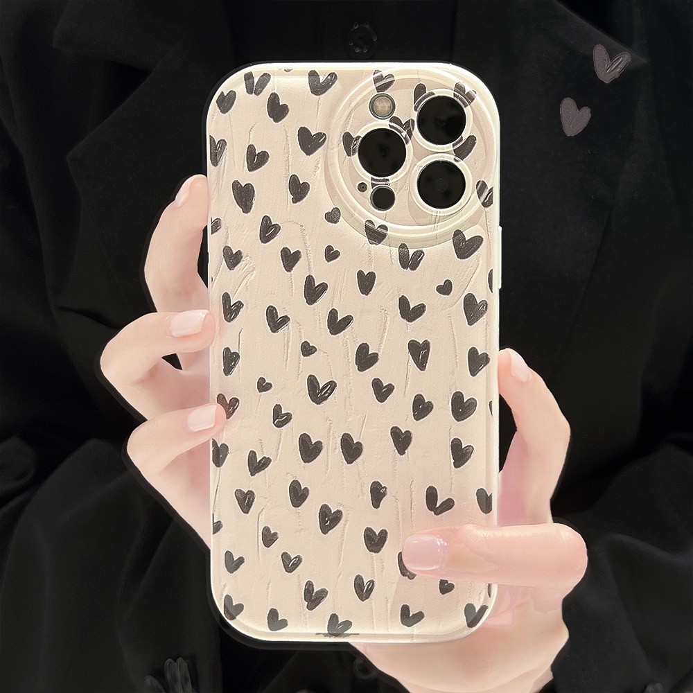 IPHONE Vintage Utuh Kecil Hitam Cinta Hati Perlindungan Penuh Ponsel Back Case Cover Untuk Iphone7 8 PLUS X XR XS 11 12 13 14 PRO MAX SE 2020