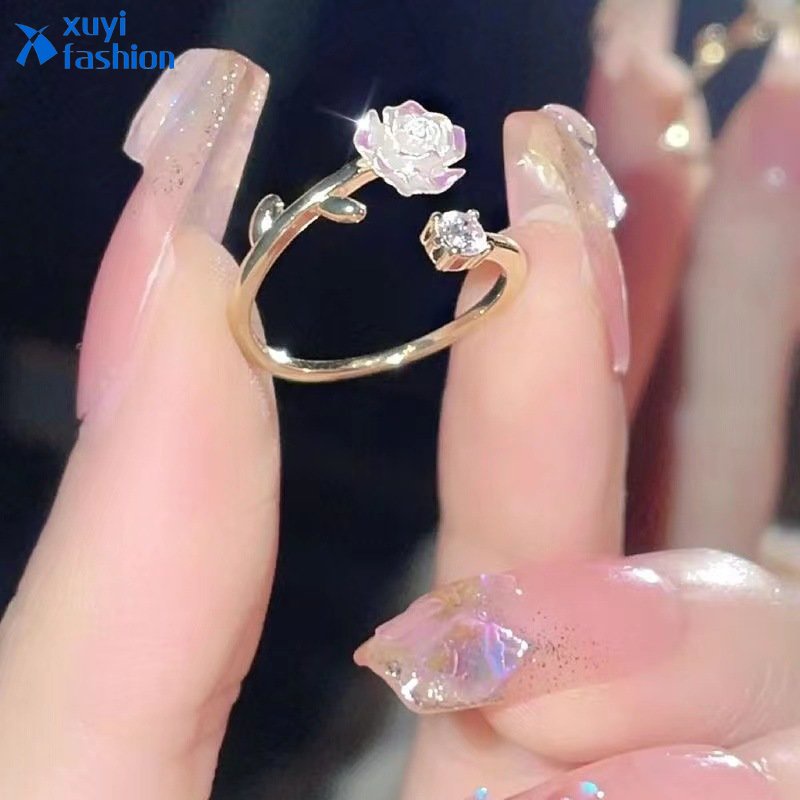 Cincin Emas Kristal Camellia Ring Elegan Untuk Aksesoris Perhiasan Wanita