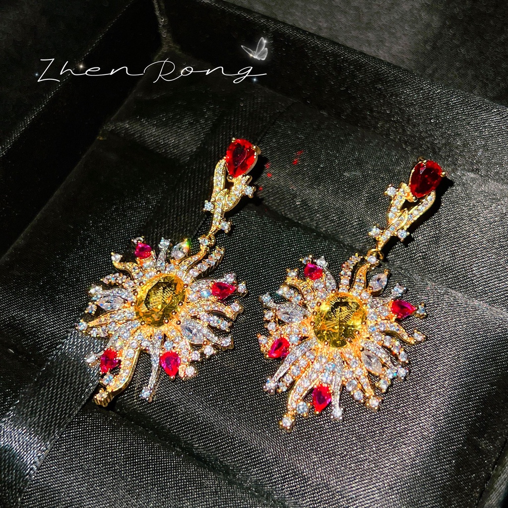 Goldkingdom Fashion Perhiasan Aksesoris Ready Stock French Vintage Full Diamond Bunga Matahari Berlian Kuning, Gaya Vintage Dewa Matahari Seni Desain Anting Panjang