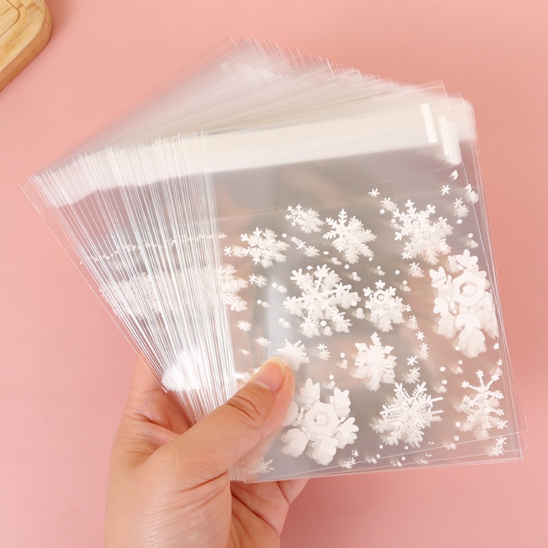 100 Pcs Multi-specification White Snowflake Biskuit Kue Cookies Barang Panggang Kantong Kemasan Plastik Portabel Halus Praktis Transparan Self-adhesive Candy Gift Bags